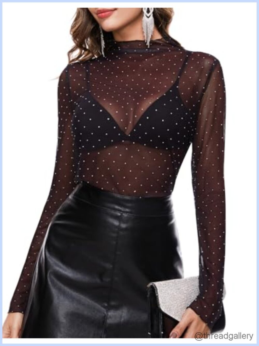 Sheer Mesh Layering Top Mock Neck Ruffle Rhinestone Long Sleeve - Picture 1 of 6